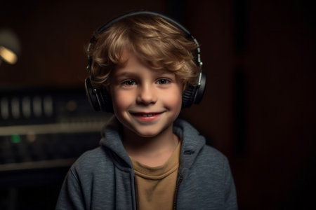 Portrait of a cute little boy in headphones listening to music.の素材