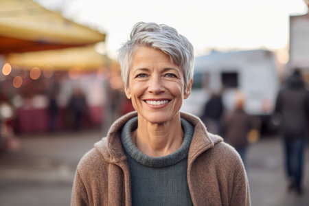 Portrait of happy senior woman standing in city street and smiling at cameraの素材