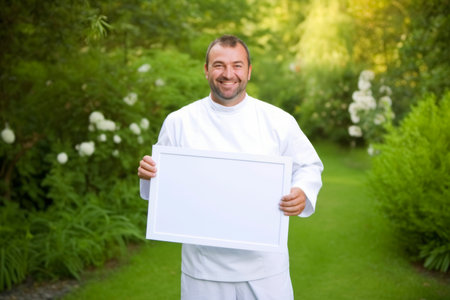 Portrait of a smiling man holding a white board in the gardenの素材