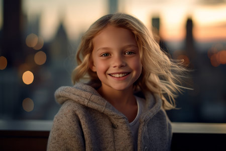 portrait of smiling little girl looking at camera in city at sunsetの素材