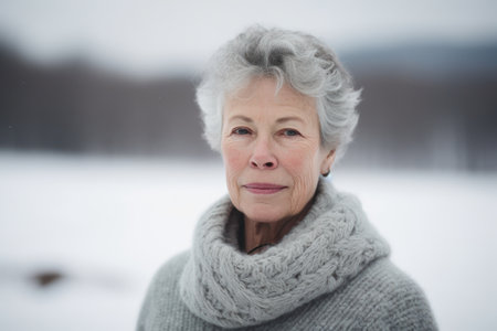 Portrait of a senior woman on a background of the winter landscapeの素材