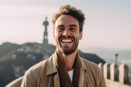 portrait of smiling young man looking at camera on top of mountainの素材