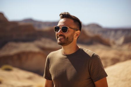 Handsome young man in sunglasses looking at the camera in the desertの素材