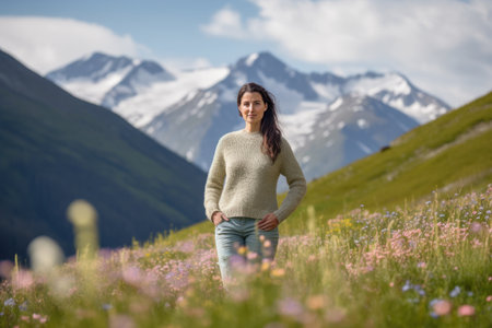 Beautiful young woman in the flower meadow with mountains in the backgroundの素材