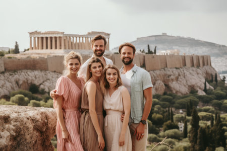 Group of friends standing on top of the Acropolis in Athens, Greeceの素材