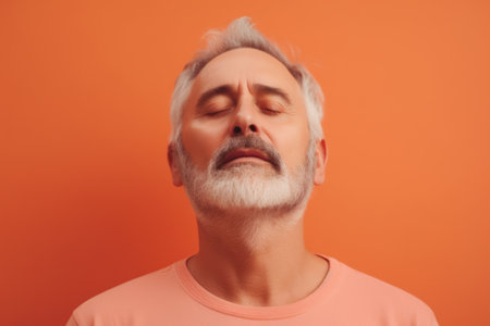 Handsome senior man with gray hair and beard on orange backgroundの素材