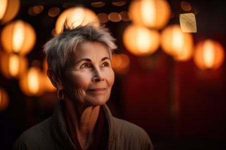 Portrait of senior woman in chinese lanterns at night.の素材