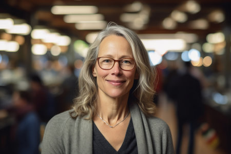 Portrait of smiling mature woman with eyeglasses in coffee shopの素材