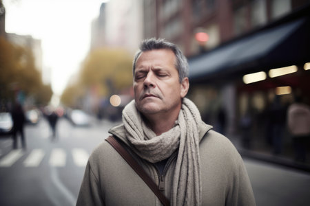 Portrait of a mature man with a scarf walking in the cityの素材