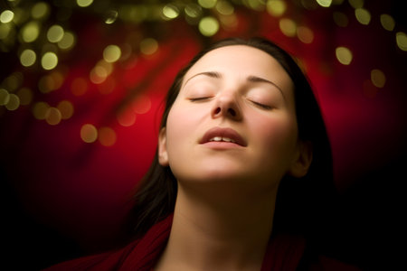 Portrait of a beautiful young woman with closed eyes on Christmas backgroundの素材