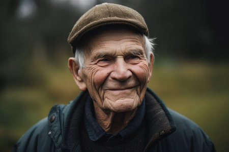 Portrait of an old man in a cap on the nature.の素材