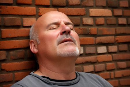 Portrait of a middle-aged man on a brick wall backgroundの素材