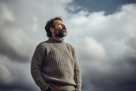 Portrait of a bearded man in a sweater against a cloudy skyの素材