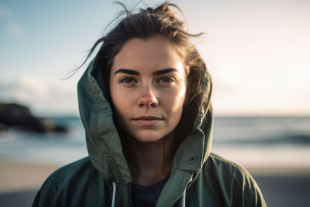 Portrait of a beautiful young woman standing on the beach at sunsetの素材