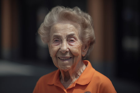 Portrait of an elderly woman in an orange t-shirt smilingの素材