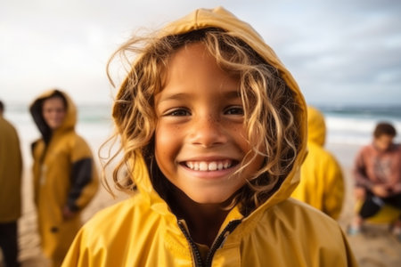 Portrait of smiling boy in raincoat looking at camera on beachの素材