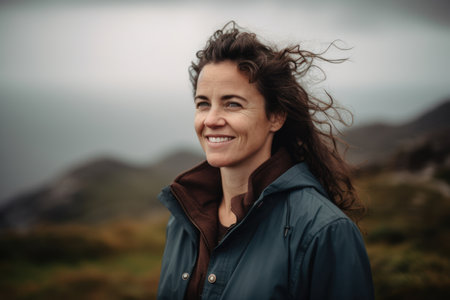 Portrait of a beautiful woman in the mountains, looking at cameraの素材