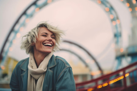 Portrait of a beautiful young woman in a blue jacket and a knitted scarf on the background of an amusement park.の素材