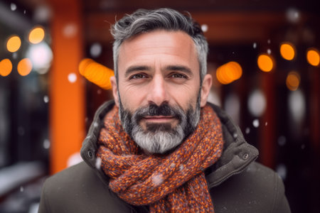 Portrait of a handsome bearded man wearing scarf and looking at the camera while standing outdoors in winterの素材