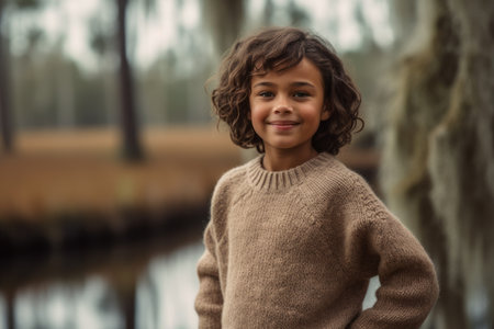 Portrait of a cute little girl smiling at camera in the parkの素材