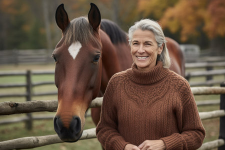 Portrait of smiling senior woman with her horses in a paddockの素材