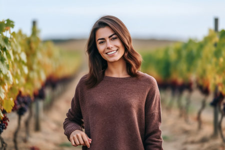 Portrait of a beautiful young woman in a vineyard smiling and looking at the cameraの素材