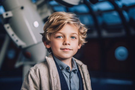 portrait of cute little boy looking at camera while standing in airportの素材