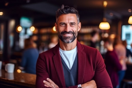 Portrait of a handsome mature man standing in a pub with his arms crossedの素材