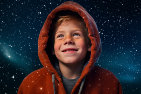 Portrait of a boy in a red jacket with a hood against a night sky with starsの素材
