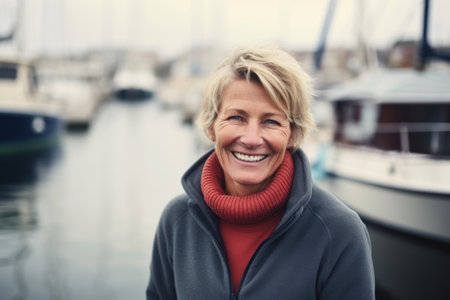 Portrait of smiling middle-aged woman standing near yachtsの素材