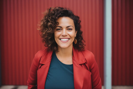 Portrait of smiling young woman with curly hair against red wall in cityの素材