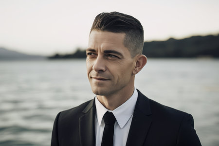 Portrait of a handsome young man in a black suit and tie on the background of the sea.の素材
