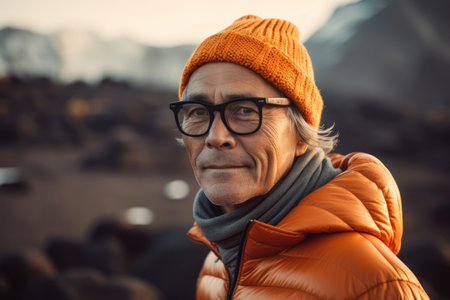 Portrait of senior man with eyeglasses in orange jacket.の素材