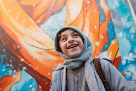 Portrait of a smiling boy in a hood against a graffiti wallの素材