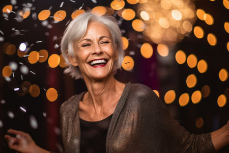smiling senior woman with confetti on christmas or birthday partyの素材