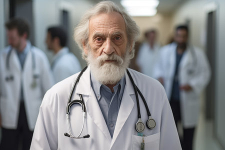 Portrait of senior doctor with stethoscope standing in hospital corridorの素材