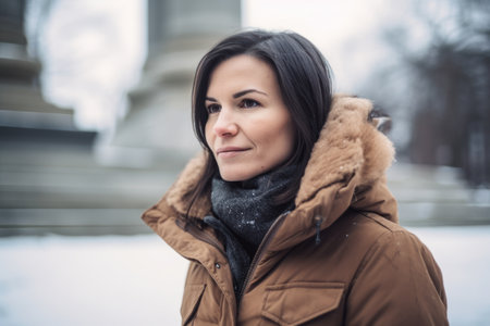 Portrait of a beautiful young brunette woman in a brown coat on a background of winter streetの素材