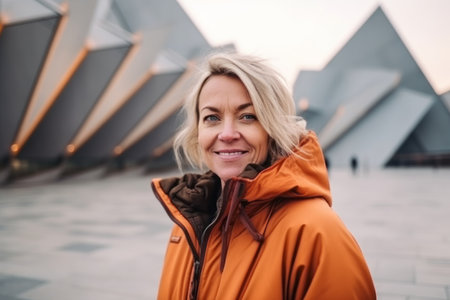 Portrait of a smiling woman in orange jacket on a background of modern architectureの素材