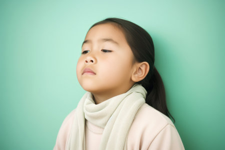 Portrait of little asian girl wearing warm clothes on green backgroundの素材