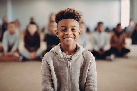 Portrait of a smiling African-American boy in a classroom.の素材