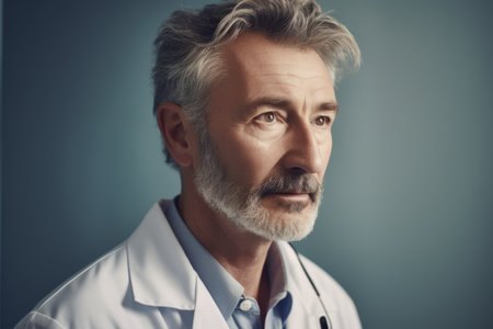 Portrait of mature male doctor in white coat and stethoscope looking at camera while standing against gray backgroundの素材