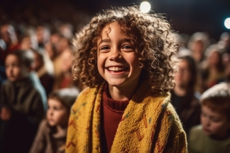 Cute little girl with curly hair smiling and looking at camera while standing in front of crowdの素材