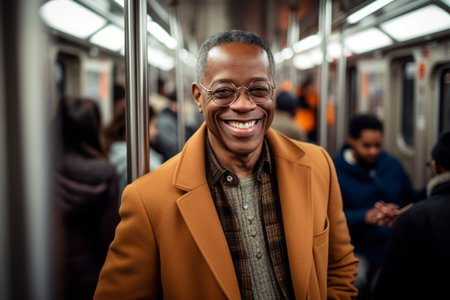 Smiling african american man in coat and glasses on subway trainの素材