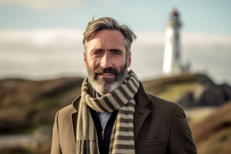 Portrait of senior man wearing scarf and coat in front of lighthouseの素材
