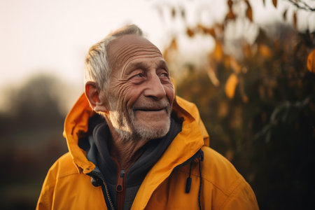 Portrait of a happy senior man in yellow raincoat in autumn parkの素材