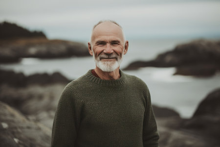 Portrait of a senior man standing by the sea looking at cameraの素材