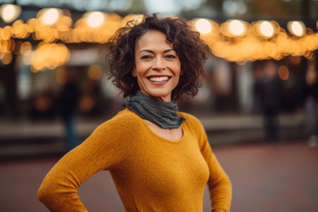 Portrait of a smiling young woman in a yellow sweater and scarf outdoorsの素材