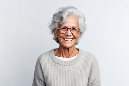 Portrait of a smiling senior woman wearing eyeglasses on white backgroundの素材
