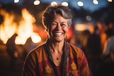 Portrait of happy senior woman in front of a fire at nightの素材