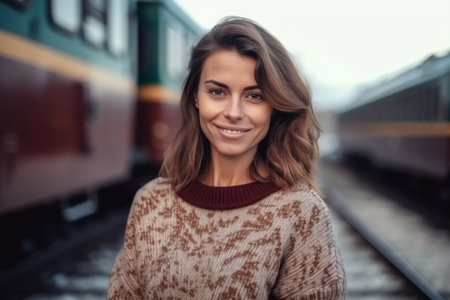 Portrait of a happy young woman standing in front of a trainの素材